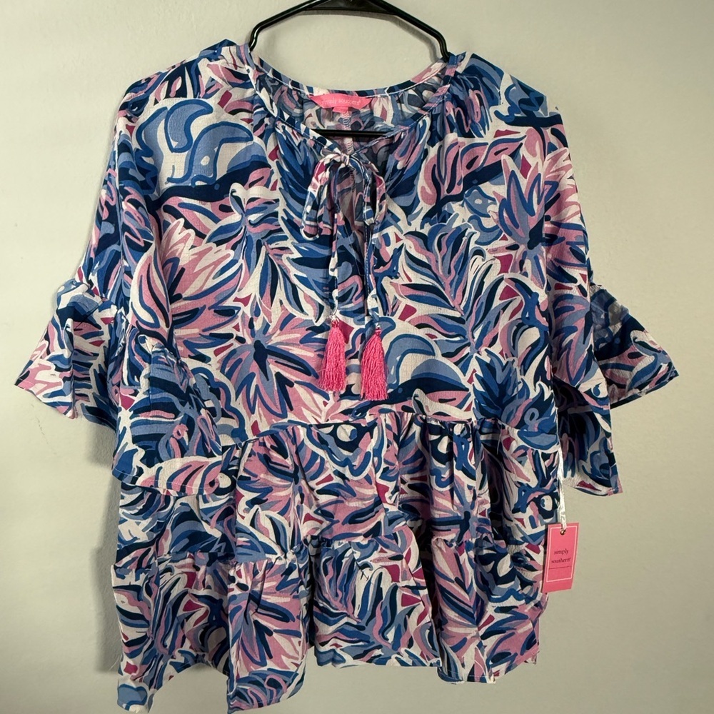 Simply Southern Blue and Pink Flutter Sleeve Blouse